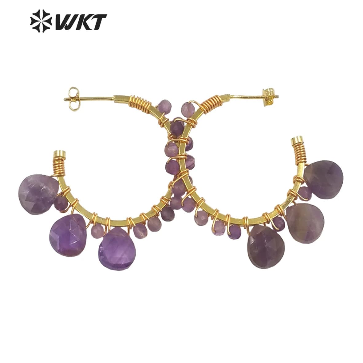 WT-E694 Orecchini di pietra avvolti in filo a forma di C placcati in oro all'ingrosso di moda Attraente decorazione cava a forma di mezzaluna a goccia
