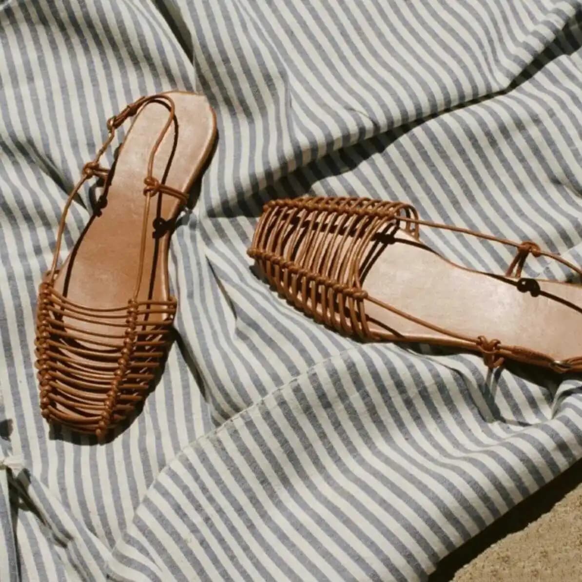 Leather Woven Hollow out Flat Bottom Sandals Women's Roman Style Beach Shoes Breathable Casual Fashion Ladies Slip-On Sandals