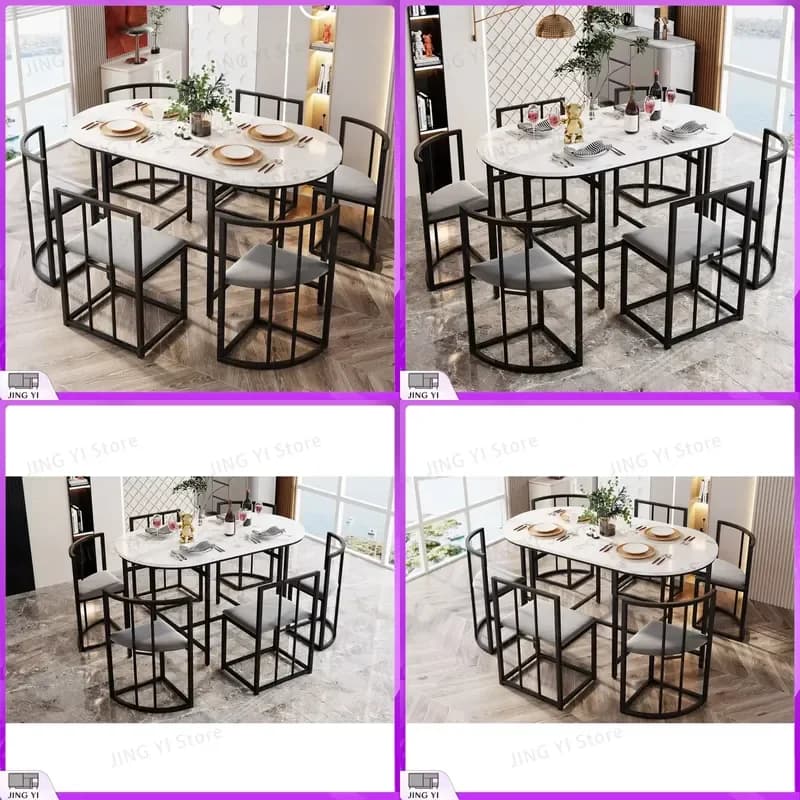 Six-Piece Dining Table Set with Backrest Chairs Gray Cushions Black Iron Frame Modern Dining Room Furniture for Home