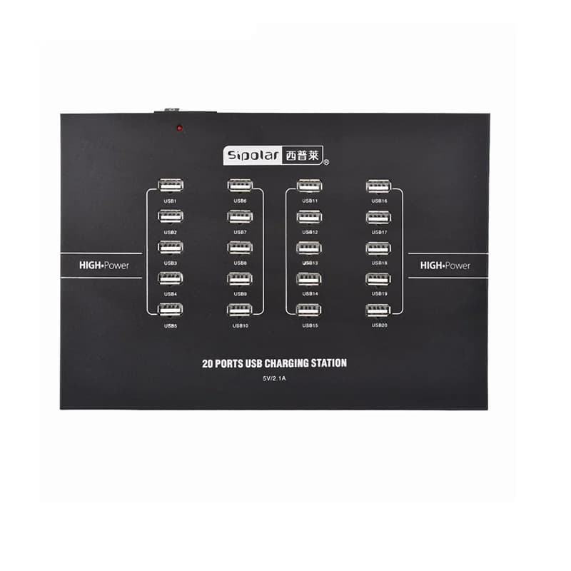 Aluminum 20 Port 2.1A USB Charging Station for Cell Phone Tablets Built in 5V 40A 110V/220V Industrial Power Adapter