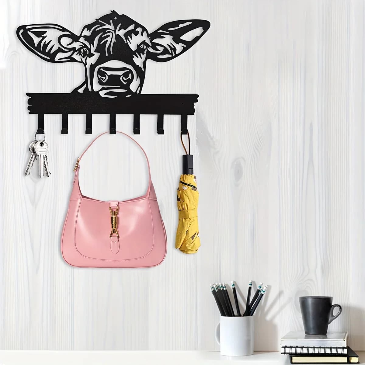 HelloYoung Gancio da parete decorativo a forma di mucca, appendiabiti con 7 ganci per appendere vestiti, cappelli, asciugamani, chiavi, decorazioni per la casa, decorazioni da parete