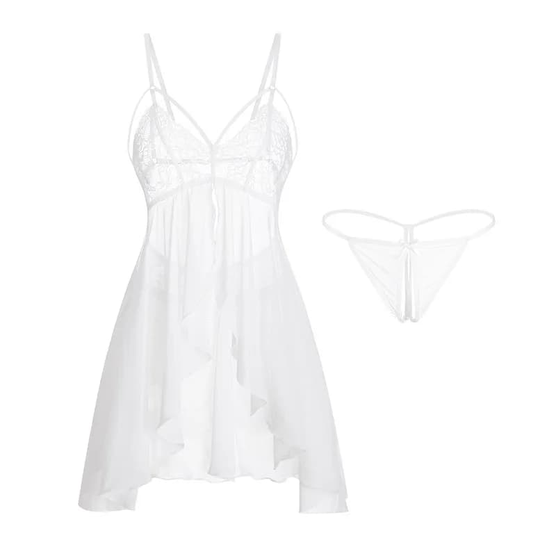 Abito sexy elegante con rete trasparente e pizzo, stile Pure Desire con spacco e schiena scoperta, camicia da notte con bretelle Pure Desire 1MB4
