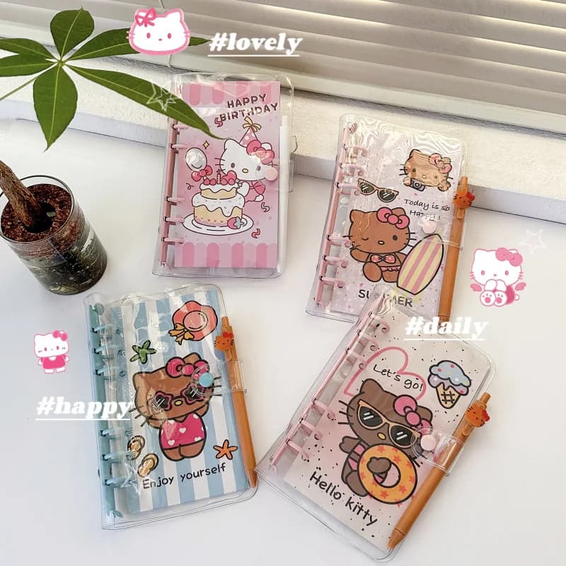 Quaderno A6 con clip a 6 fori, design anime Hello Kitty, motivo a cuore, stile cartone animato, per studenti, con penna giocattolo KT