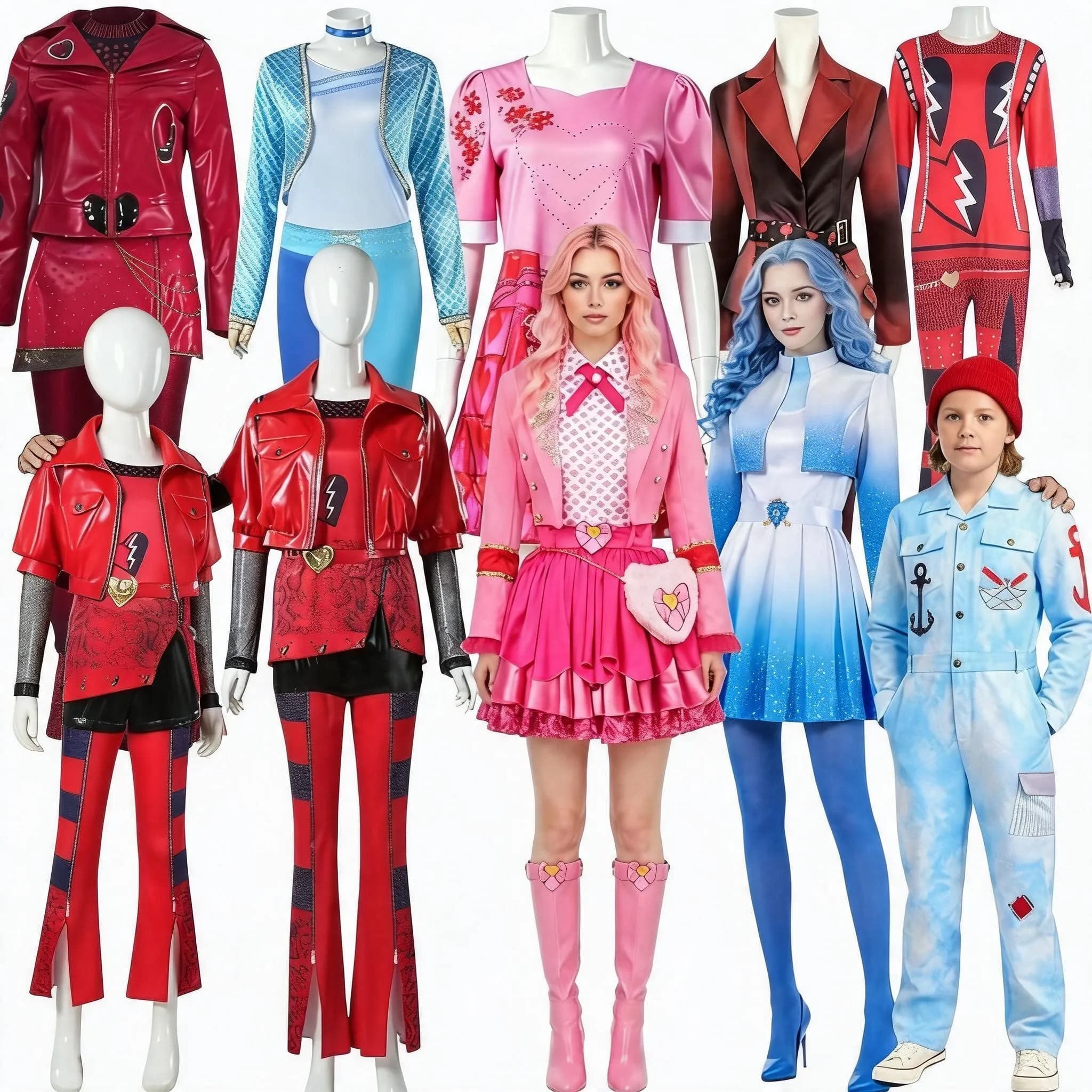 Descendants 5 Cosplay Costume Adult Kids Wicked Wonderland Chloe Pink Red Cosplay Halloween Party Birthday Clothing Outfit Wig