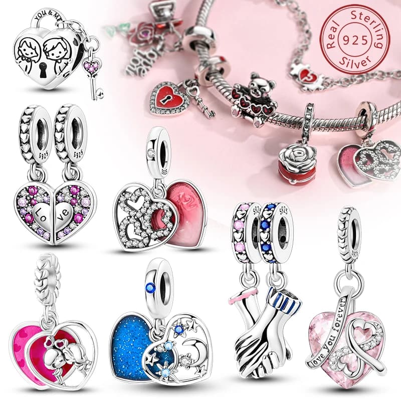 Ciondolo originale in argento sterling 925 con perline per amanti del cuore, ciondolo per San Valentino, adatto per braccialetti con ciondoli, regalo di gioielli da donna