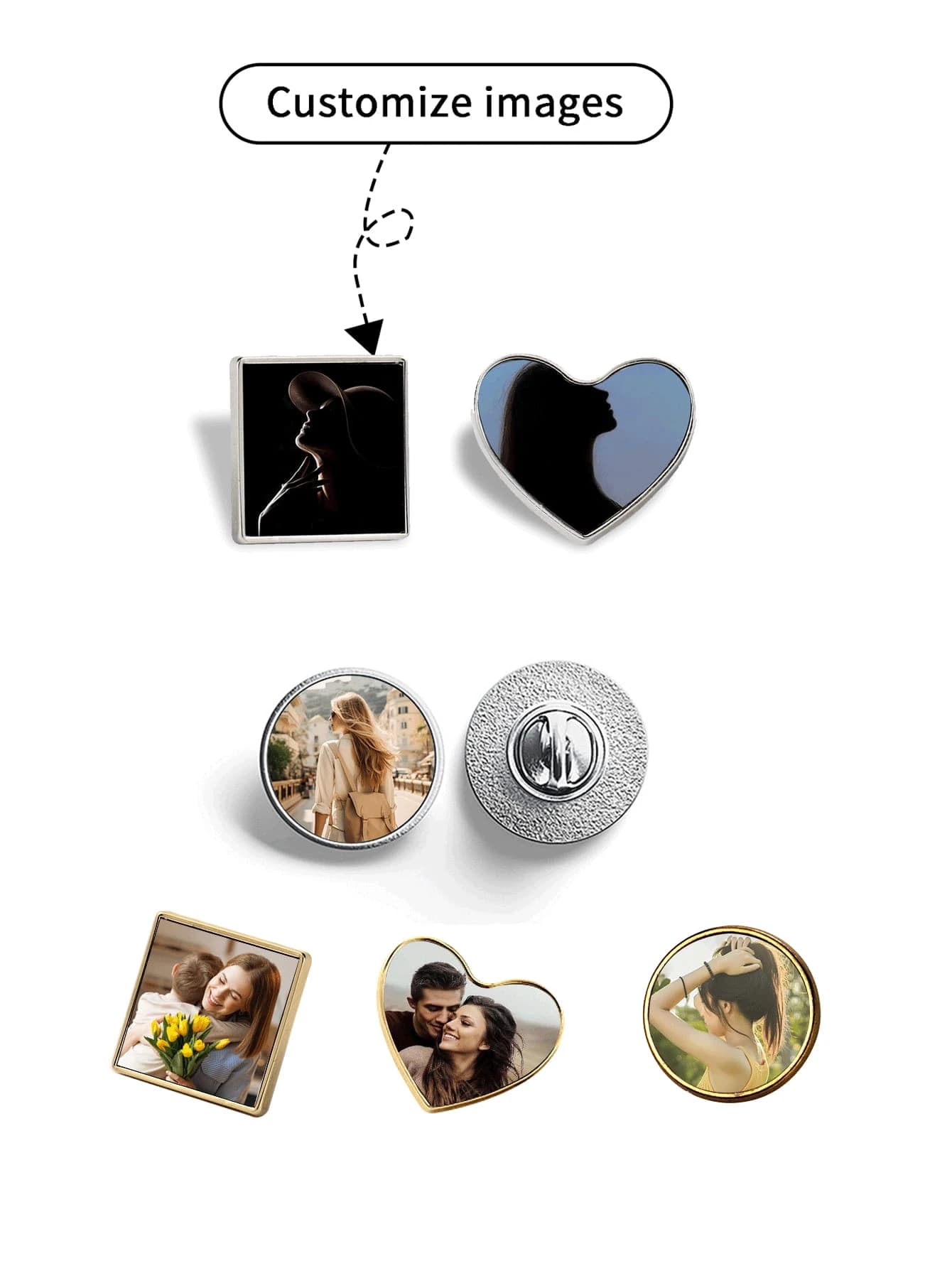 Spilla personalizzata in metallo oro/argento: rotonda, cuore, quadrata, incisa, regalo elegante per lei, lui, amici, famiglia, mini
