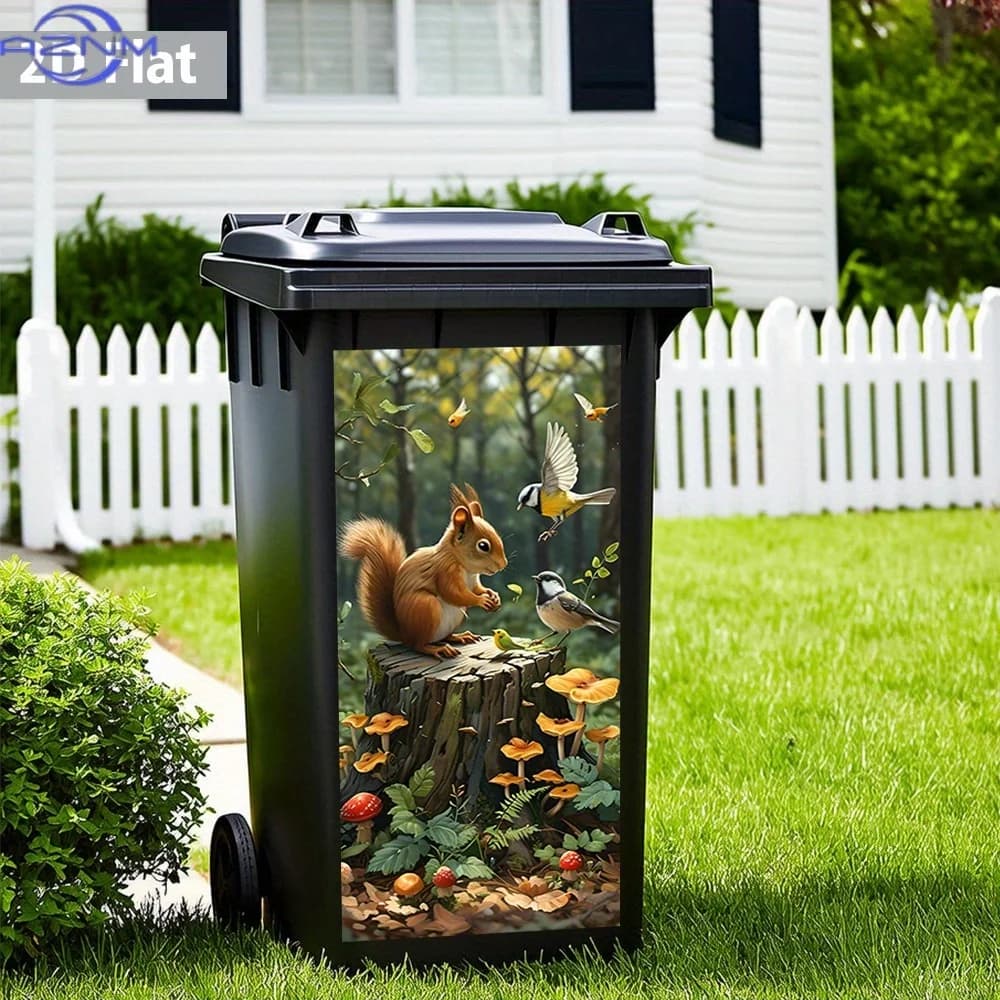 2D Flat Forest Squirrel & Birds Eco - Trash Can Sticker – Waterproof, Removable Adhesive, Nature Scene, Lively Vibe, Bin Makeo