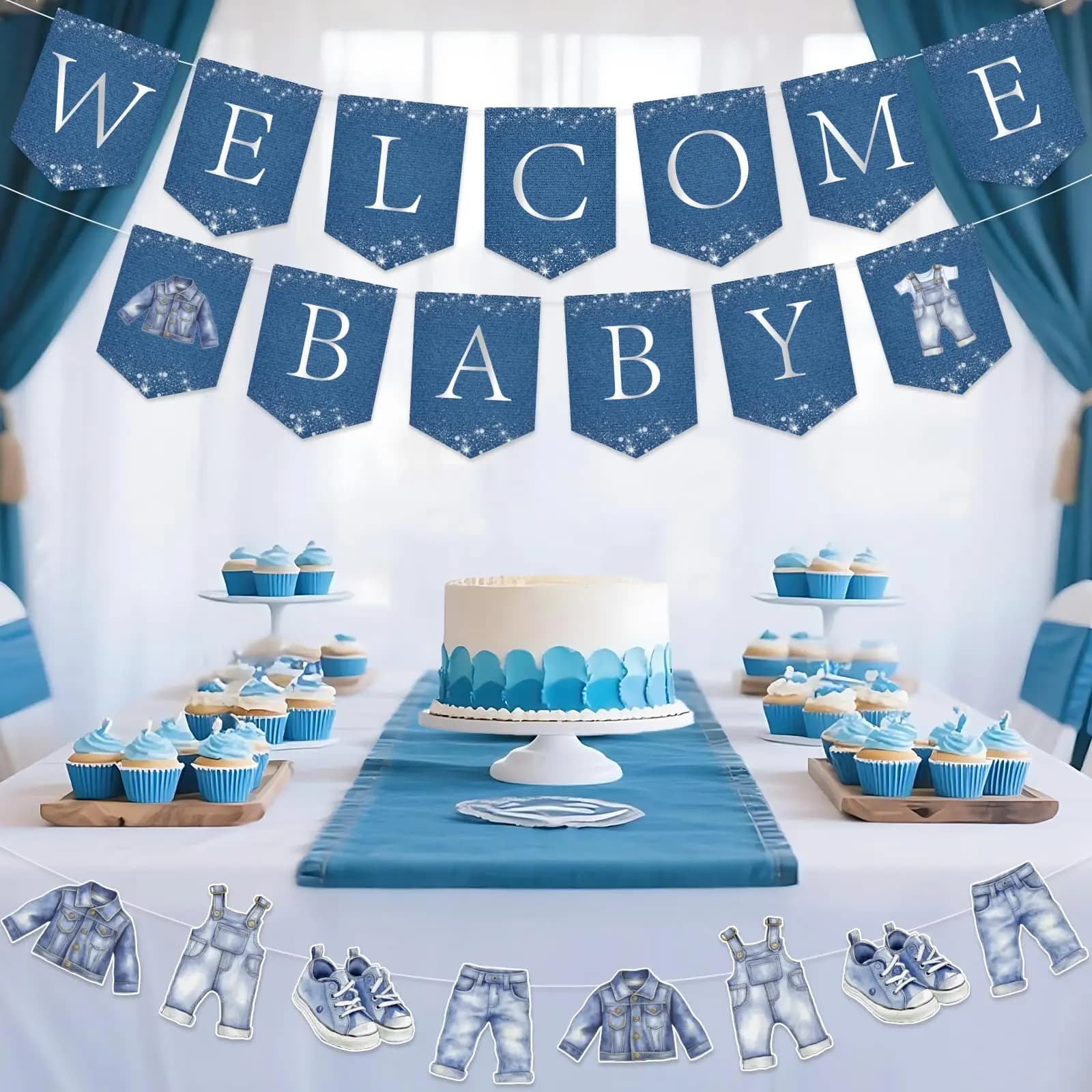 Striscione Pre-Decorato a Tema Jeans Blu per Bambini, Ideale per Benvenuto Bimbo, Primo Compleanno, Baby Shower, Rivelazione del Sesso, Decorazioni per Feste