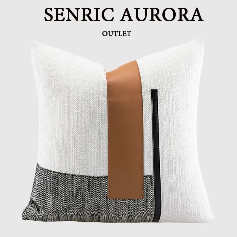 Beige Cotton Linen Patchwork Pillow Case Orange Black PU Leather 50x50cm Pillow Modern Light Luxury Model Room Cushion Cover
