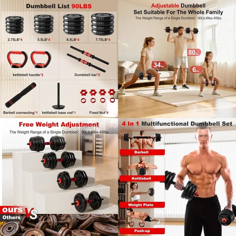 Adjustable dumbbell set 5 in 1: 10-90 pounds, bar, kettlebell, push-up support, plate holders for gym workouts at home