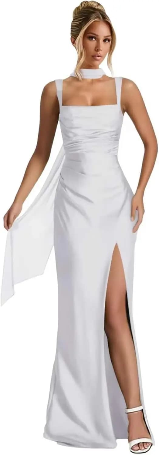 Women's Long Silk Satin Dance Dresses 2026, Mermaid Dress with Split, formal cocktail and evening dresses with scarf