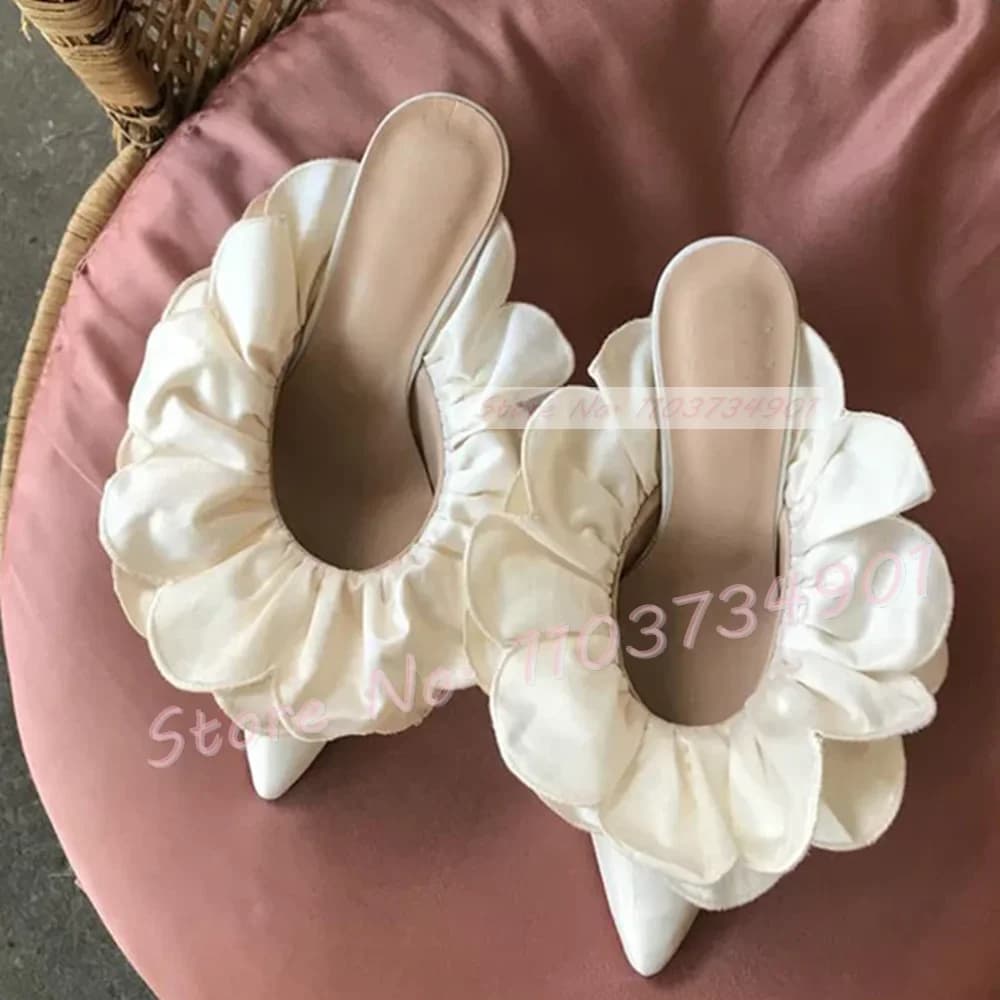 Ciabatte a punta in raso con fiori bianchi Scarpe casual con tacco alto leopardate da donna Pantofole eleganti in pizzo concise solide di grandi dimensioni