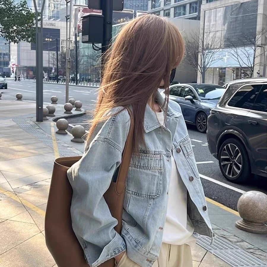 Washed Cotton Retro Denim Jacket Women's Short Sleeve Long Sleeve Spring Autumn Loose Casual Jacket Top Polyester Fiber
