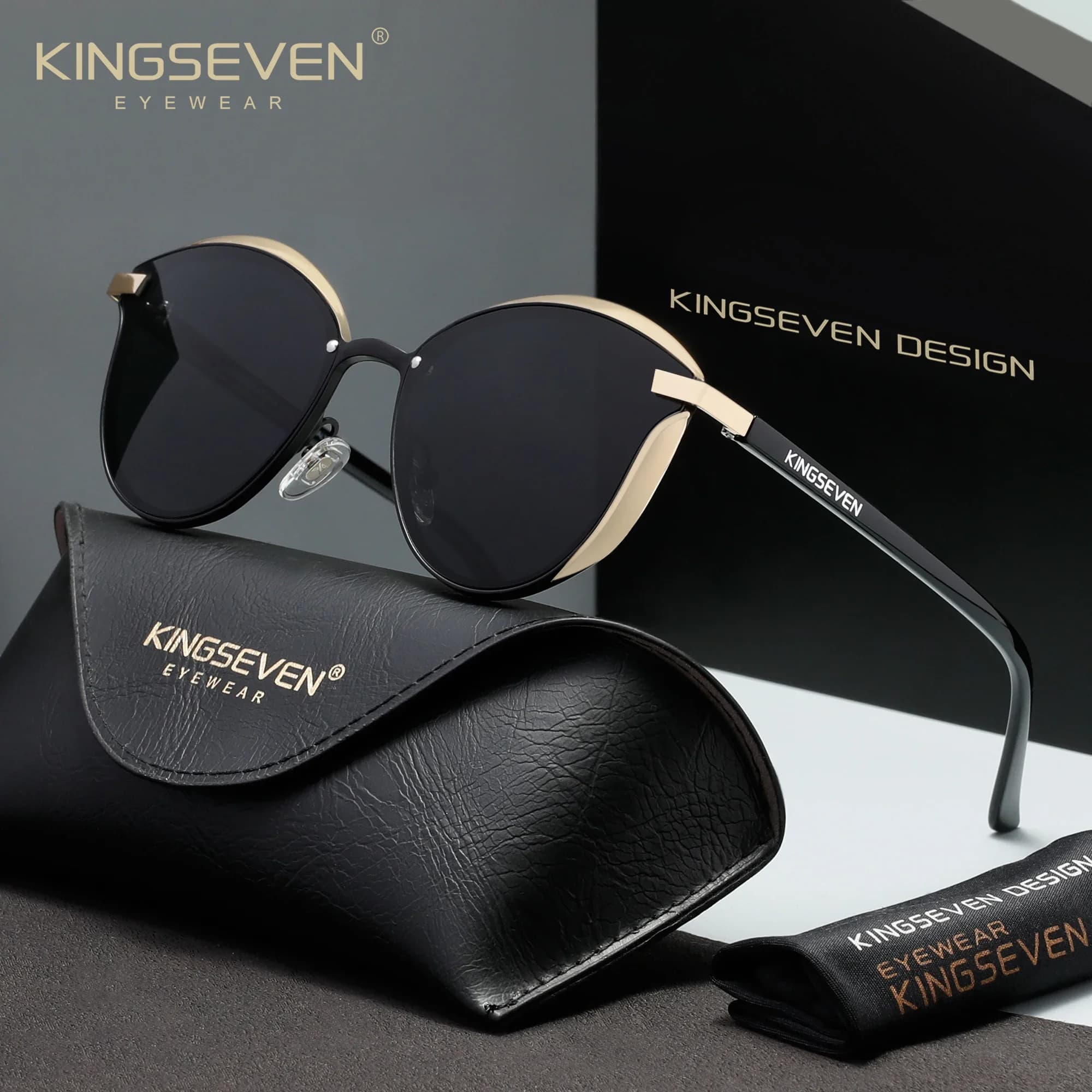 KINGSEVEN Trendy Ladies Sunglasses Luxury Women UV400 Polarized Protective Fashion Glasses Driving Cat Eye Round Frames Eyewear