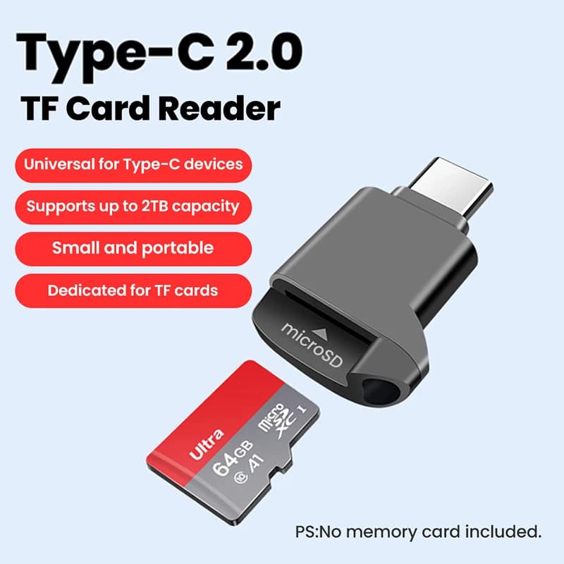 Lettore di schede Mini TF Type-C 2.0 nero estensibile per memoria USB C 2.0 per iPhone 17 16