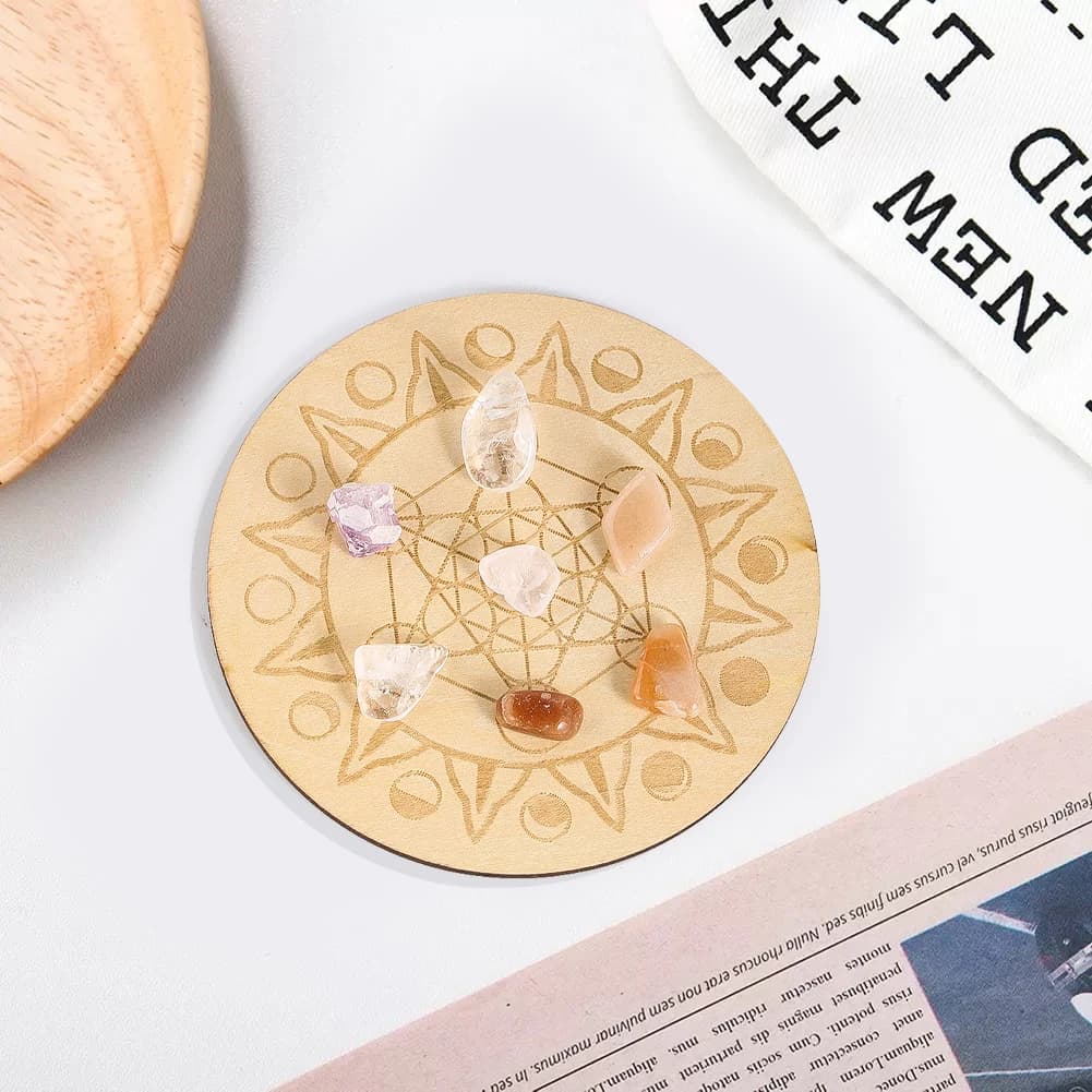10 cm inciso al laser rotondo legno metatron fiore della vita scheda esagramma ornamento da tavolo tavolo da pranzo sottobicchiere tappetino termoisolante