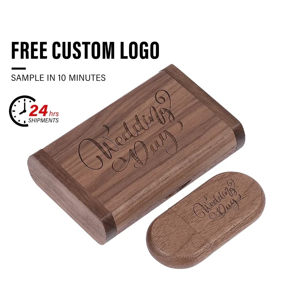 Logo personalizzato gratuito Scatola di legno Chiavetta USB 16GB 32GB 64GB 128GB Pen Drive ovale Regali per fotografia di matrimonio Memory Stick U Disco