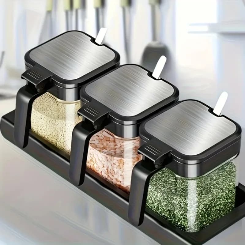 Scatola per condimenti 3 barattoli di spezie in vetro con cucchiai Barattoli per condimenti per sale da cucina Combinazione di vetro Contenitore per imbottigliamento sigillato per uso domestico