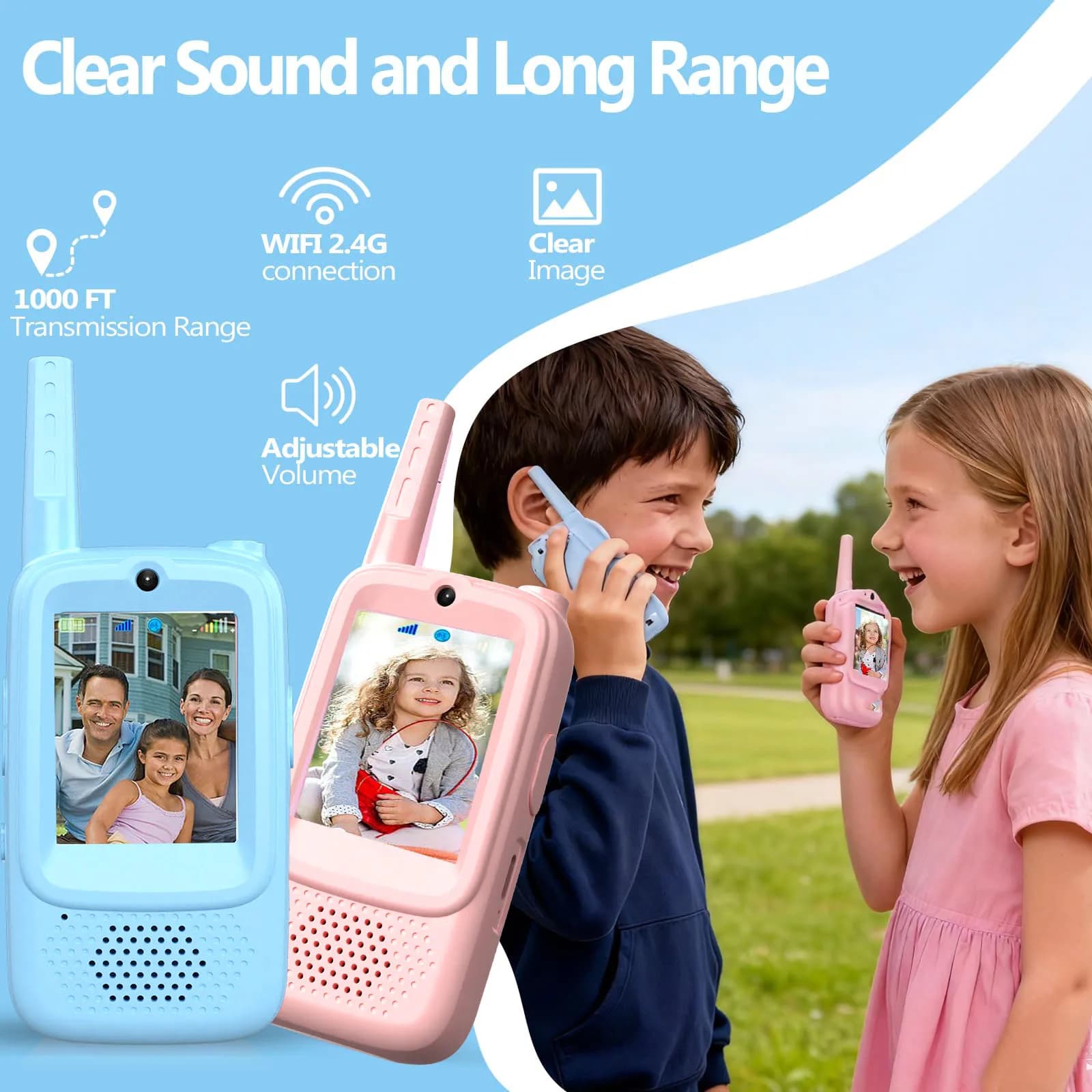 Confezione da 2 walkie-talkie video per bambini, giocattoli ricaricabili per bambini, per interni ed esterni, regali di compleanno per bambini dai 3 ai 12 anni