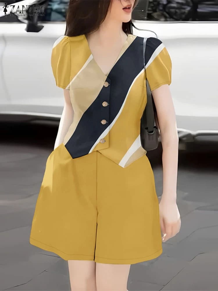 Women's Fashion Summer Dresses Set of 2 pieces 2025 ZANZEA Elegant V-neck Short Sleeved Shirt Short Dresses Printed Holiday Dresses