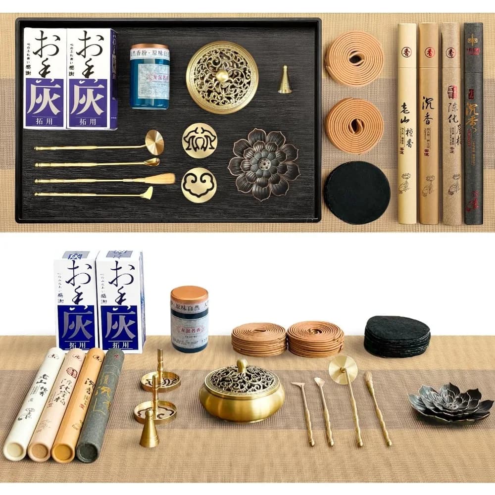 Set di 29 Pezzi per Incenso in Polvere di Ottone per Yoga e Meditazione con Porta Bastoncini, Coni e Bobine e Raccoglitore di Ceneri