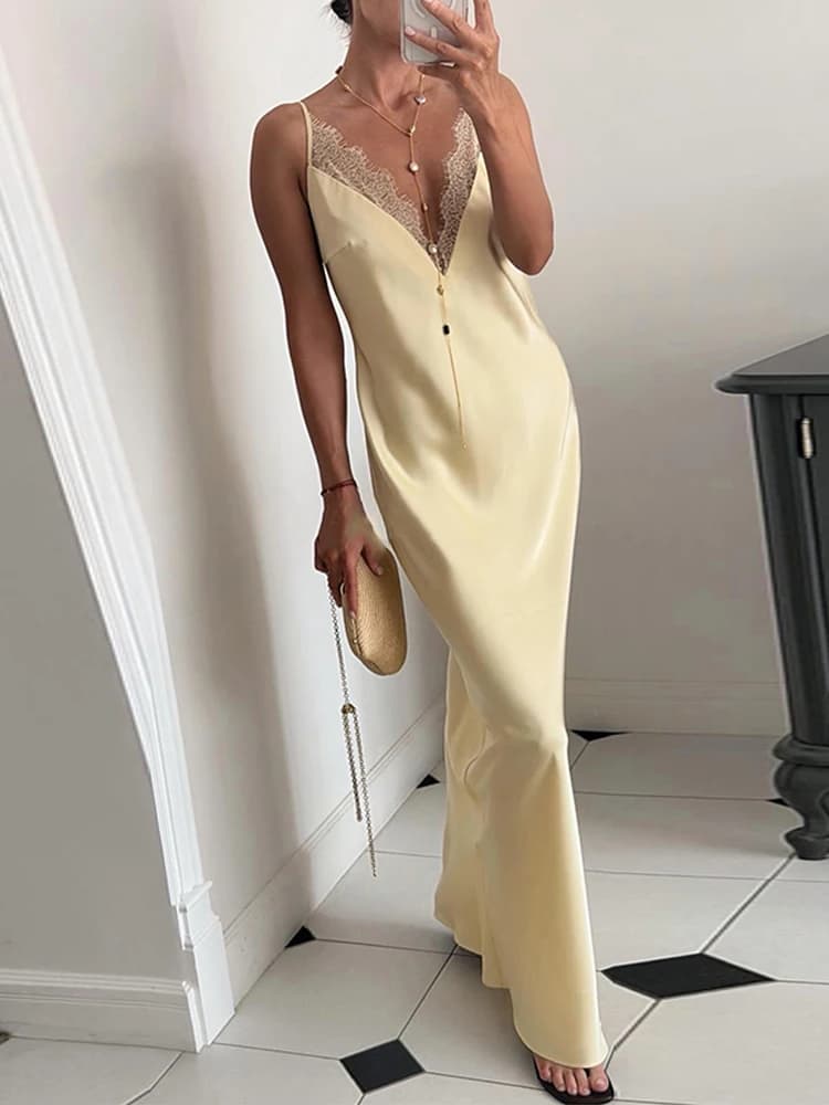 Sexy Lace Patchwork Women's Dress Blue V-neck Sleeveless Spaghetti-strap Long Dresses Female 2026 Summer Beach Lady Robe New
