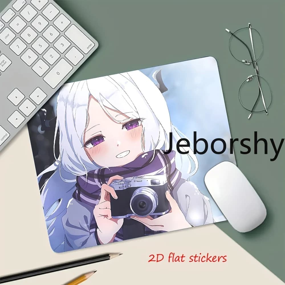 Tappetino per Mouse con Ragazza Demoniaca Carina e Fotocamera, Personaggio Anime con Capelli Bianchi e Corna, Tappetino Antiscivolo per Ufficio e Gaming