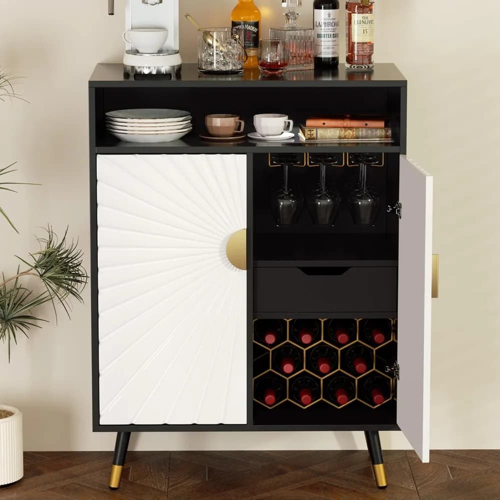 Mobile Bar Moderno con Portabottiglie e Portabicchieri, Mobile per Liquori con Cassetto, Cantinetta Decorativa Personalizzabile