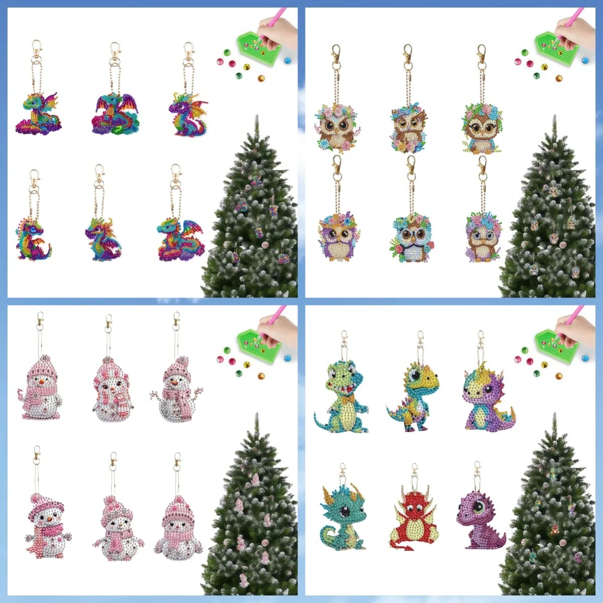 6 set di decorazioni portachiavi con pittura diamante in cristallo animale cartone animato fronte-retro fai-da-te, decorazione chiave o decorazione della casa