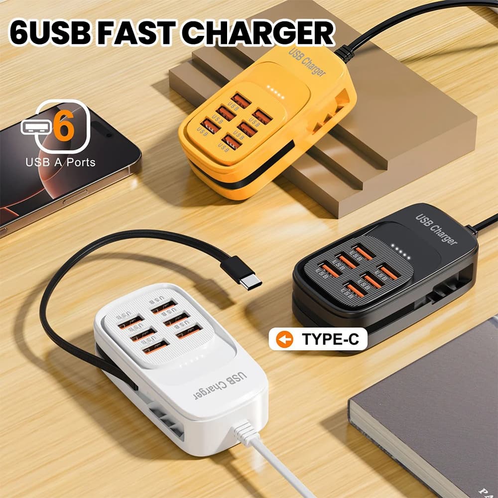 Quick USB Charger 6 in 1, Desktop Charging Station, Fast Charging Cable, Adapter with EU/UK/US socket, USB Hub with 3 PD ports and 3 USB