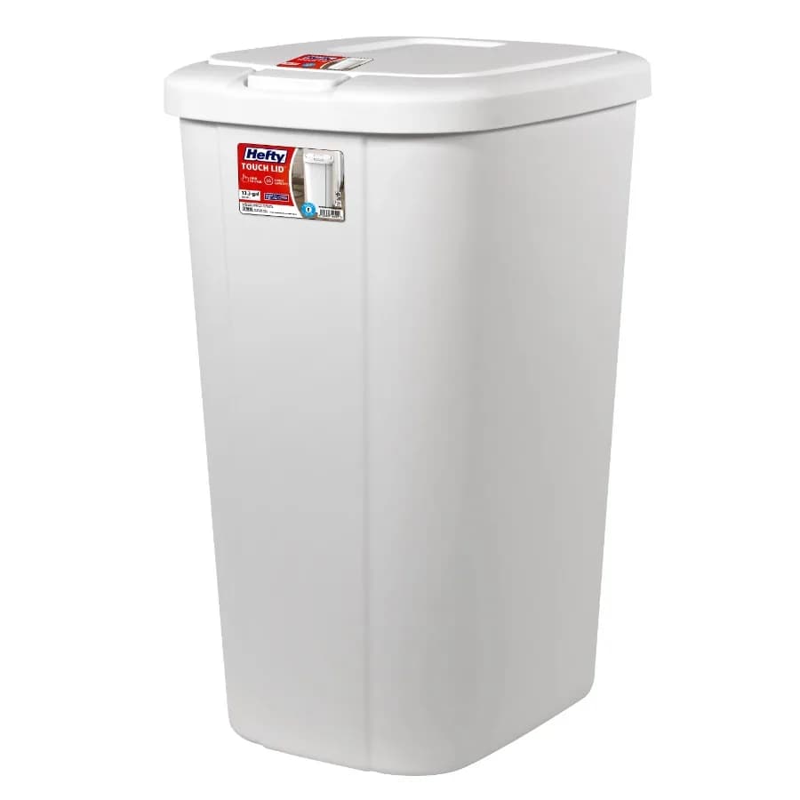 13.3 Gallon Kitchen Trash Can with Touch-Top Push Button Lid, White Plastic Garbage Bin for Living Room, Bedroom Office Use Odo