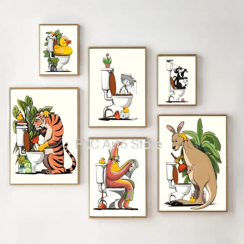 1PCS Frameless Fun Bathroom Animal Wall Art Poster, Toy Duck Toilet Paper Holder Canvas Print, Bathroom Toilet Home Decor