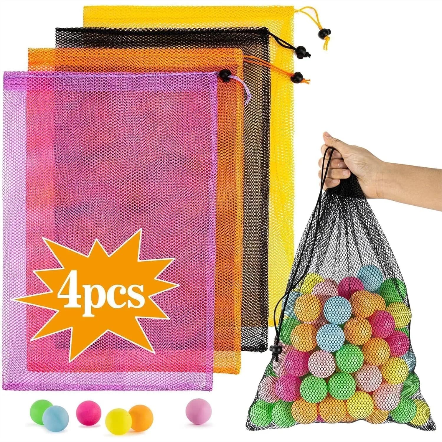 Set di 4 Sacchetti a Rete Colorati con Coulisse, 18x12 Pollici, Organizzatori Traspiranti in Nylon per Viaggi, Palestra, Lavanderia e Oggetti Essenziali Quotidiani