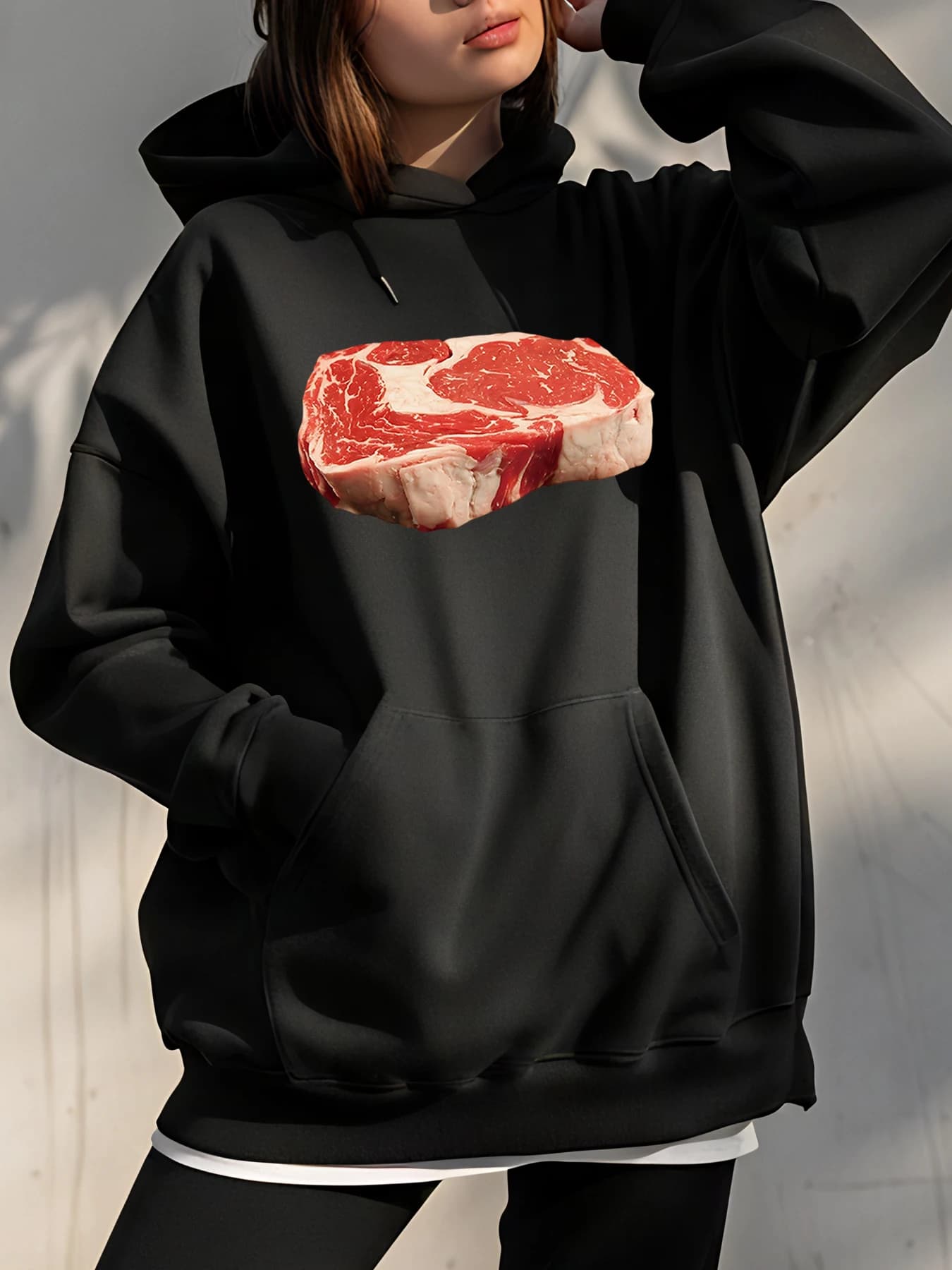 Black hoodie with meat print Oversize sweatshirt Casual Streetwear Women's Fashion