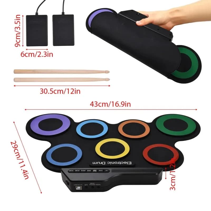 Set di batteria elettrica portatile Kit di 7 pad con jack per cuffie Pedali Bacchette Strumenti musicali Kit di batteria per pratica