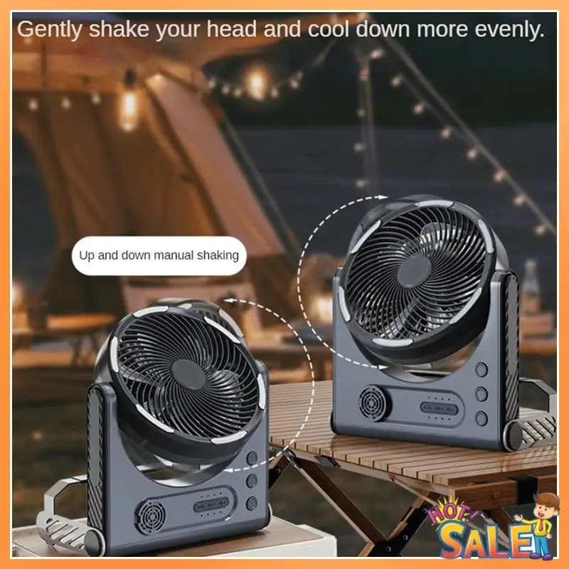 AB68 Ventilatore da campeggio con illuminazione a LED Circolatore portatile da tavolo ricaricabile Ventilatore esterno Scuotere la testa Ventilatore elettrico 15000Mah