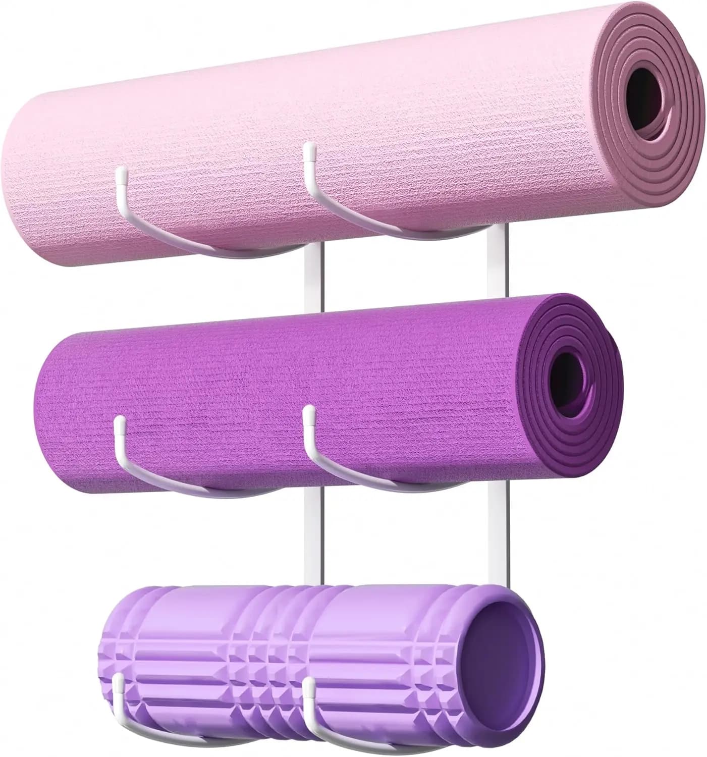 3 level wall support for yoga mats, foam roller holders and blocks, white metal organizer