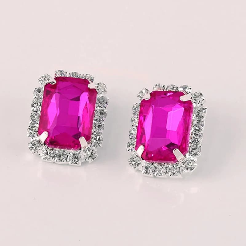 TREAZY Fashion Hot Pink Crystal Clip Earrings for Women Jewelry Charm Geometric Shape Wedding Jewelry Wedding Ball Gifts