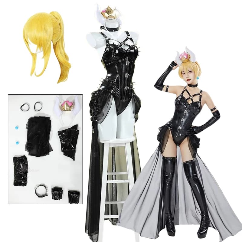 Anime Donna Abito da principessa nero Cosplay Sexy Bowsette Doujin Peach Costume cosplay Carino Party Halloween Abito in lattice Abito anime