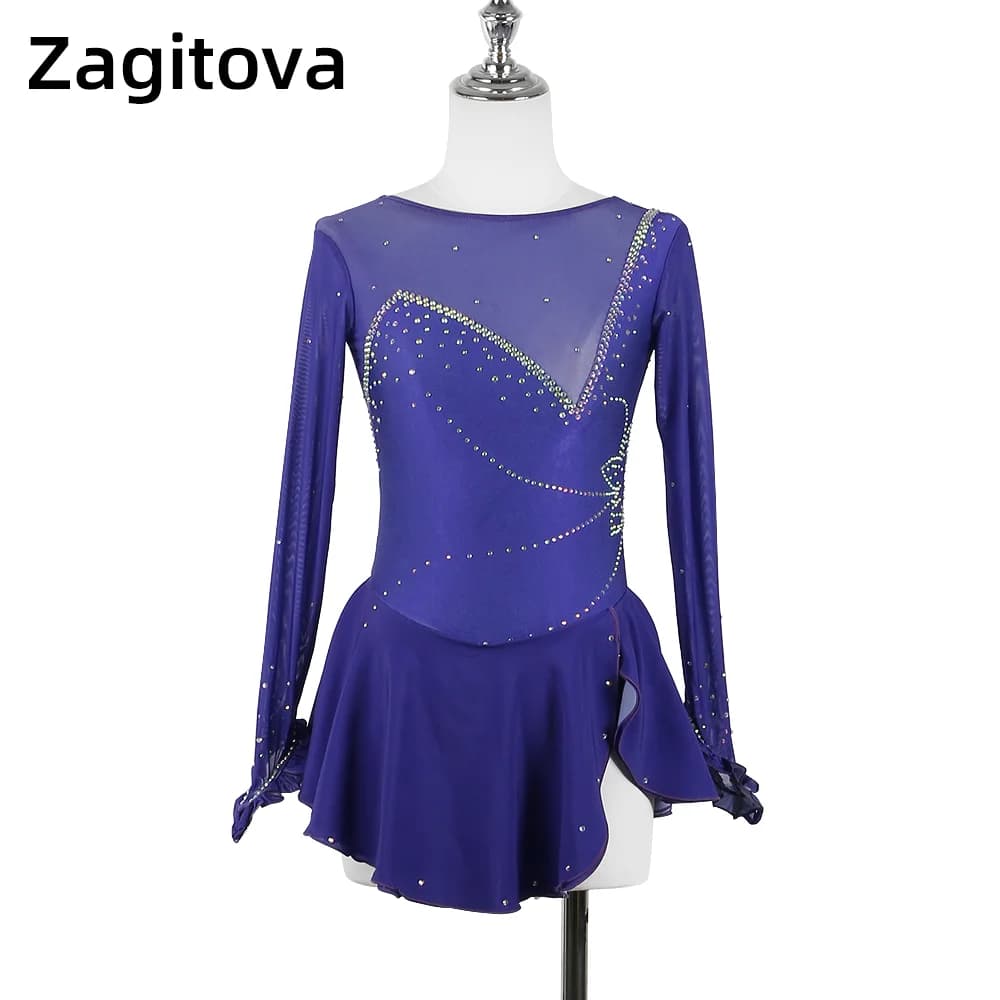 ZAGITOVA Abito da pattinaggio di figura Donna Ragazza Manica lunga Pattinaggio di figura su ghiaccio Gonne Strass Concorso Gonna a rete Costume