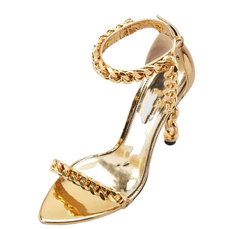 New Custom Gold Metal Heels Sandals Women Dress Stiletto Party Ankle Buckle Office Lady Shoes Open Square Toe High Alien Heel