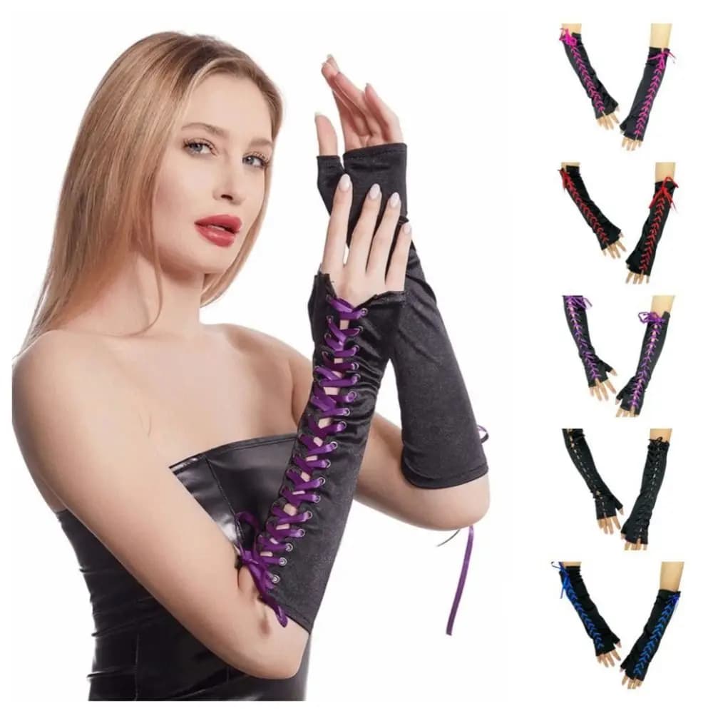 Fashion Long Ribbon Gloves Elastic JK Half Finger Gloves Lolita Punk Women Gloves Party