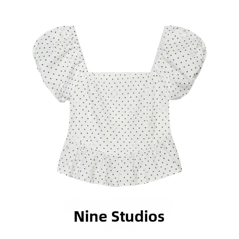 NINE ZAR Women's Sweet Style Embroidered Hollow out Print Short Sleeve Square Collar T-shirt Cotton Polyester Material