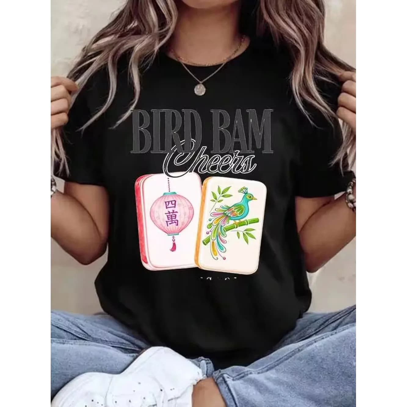Bird Bam Cheers Mahjong Tile Design T Shirt Women Casual Graphic Tee Asian Inspired Fashion Top For Everyday Wear And Festive Occasions,220g