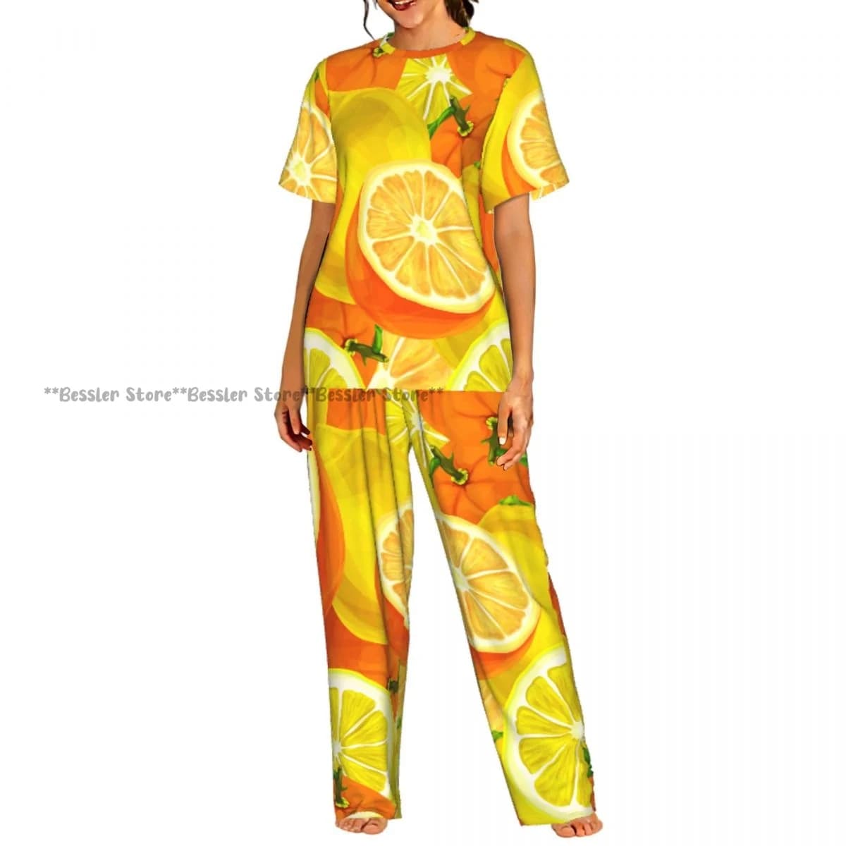 Women's comfortable pyjamas with Limoni print and Acquerello oranges, Set in Maniche Corte
