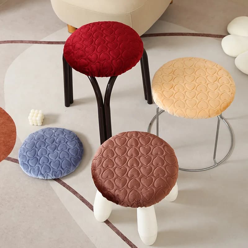 Solid Color Round Stool Cover Winter Flannel Cushion Warm Heart Pattern Stool Cover Comfortable Anti-Shedding Round Stool Cover