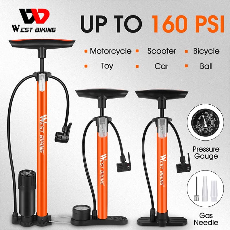 Pompa da pavimento per bicicletta con manometro, gonfiatore a sfera per bici, valvole per pompa da bicicletta Presta e Schrader-160Psi Max
