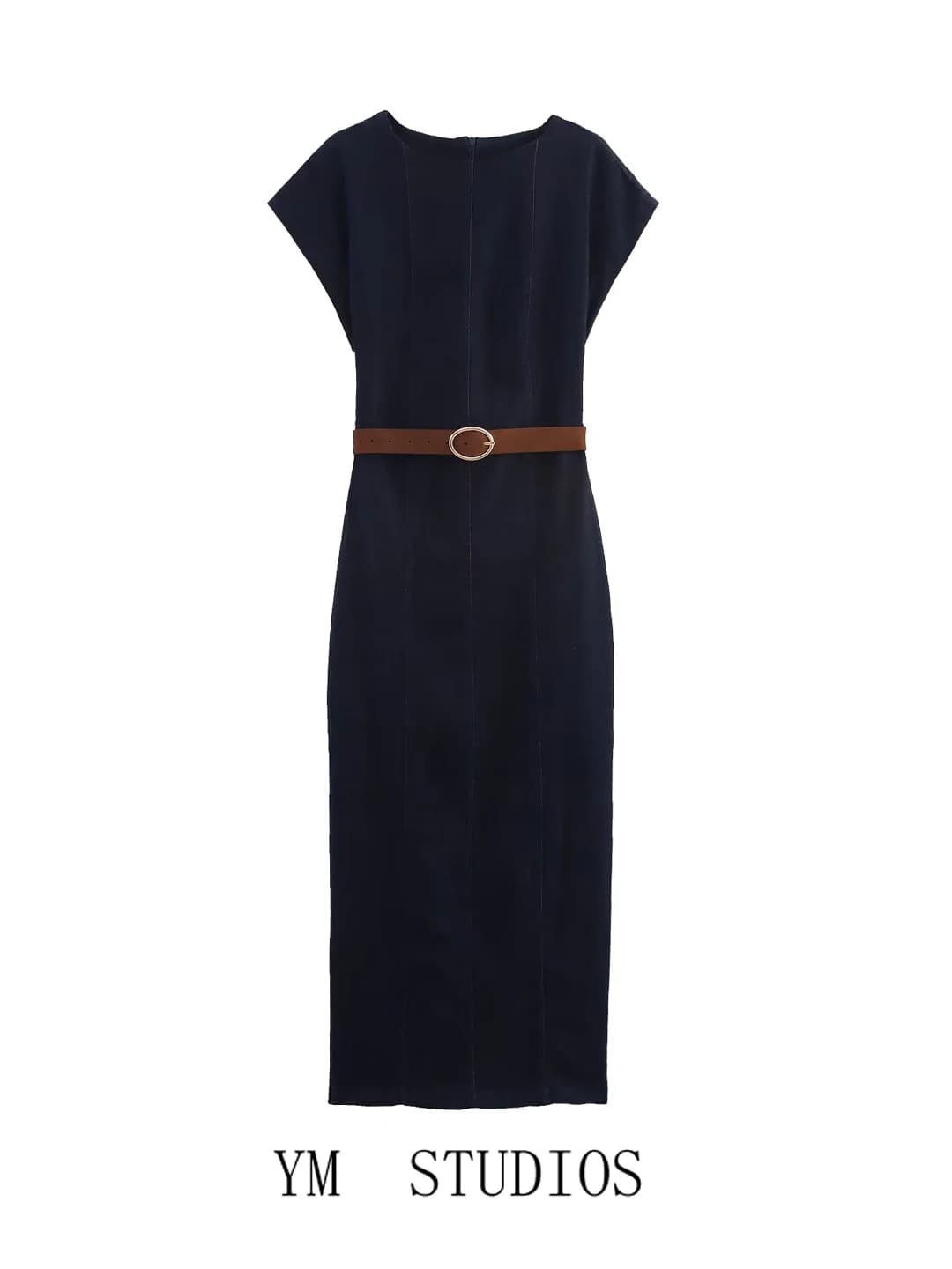 Slim Fit Denim round Neck Wrap Dress with Belt High Waist Business Long Skirt Short Sleeve Casual Women's Dress