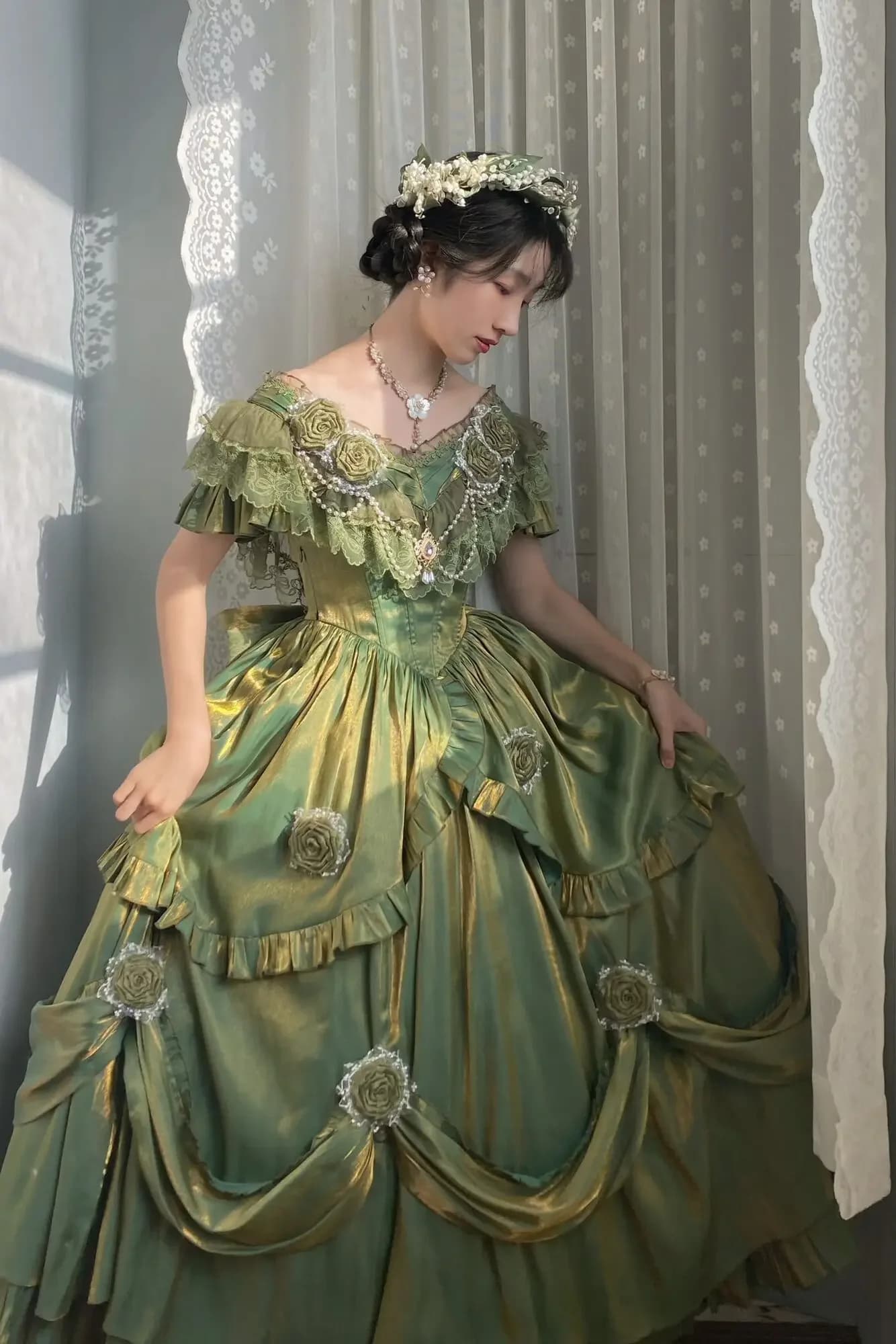 Abito Lungo Vintage con Stampa Pittorica, Gonna Meow Fruity, Abito Classico con Elementi Pittorici, Abito Principessa Verde, Gonna Lolita