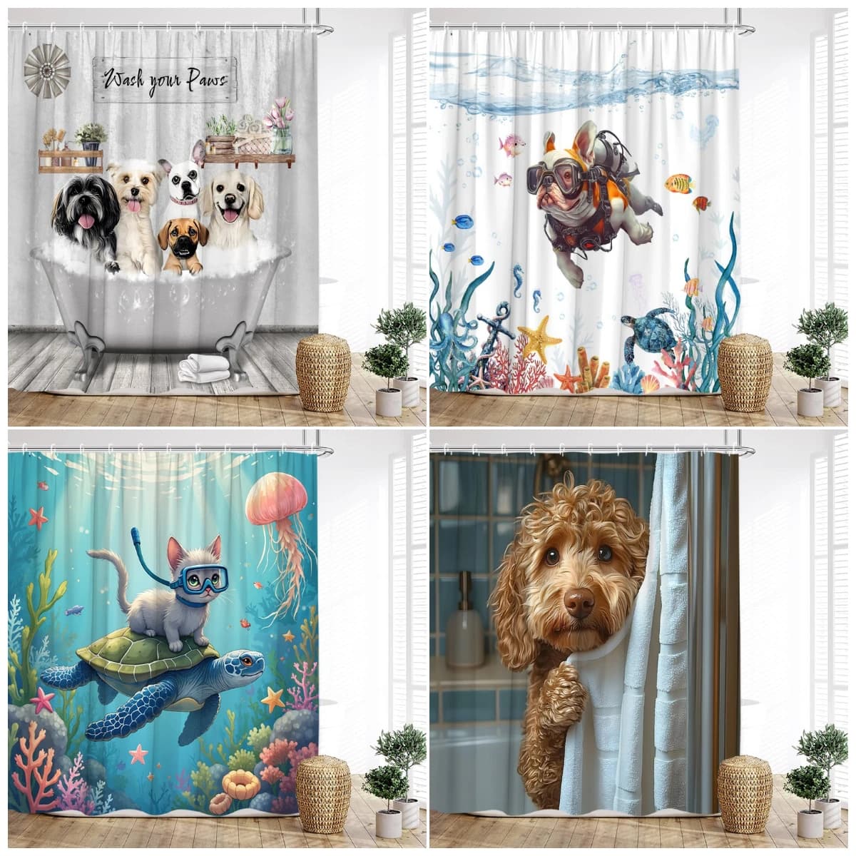 Divertente immersione gatto cane tenda da doccia simpatico cartone animato animali da bagno tartaruga marina scenario subacqueo tende da bagno per bambini set di decorazioni